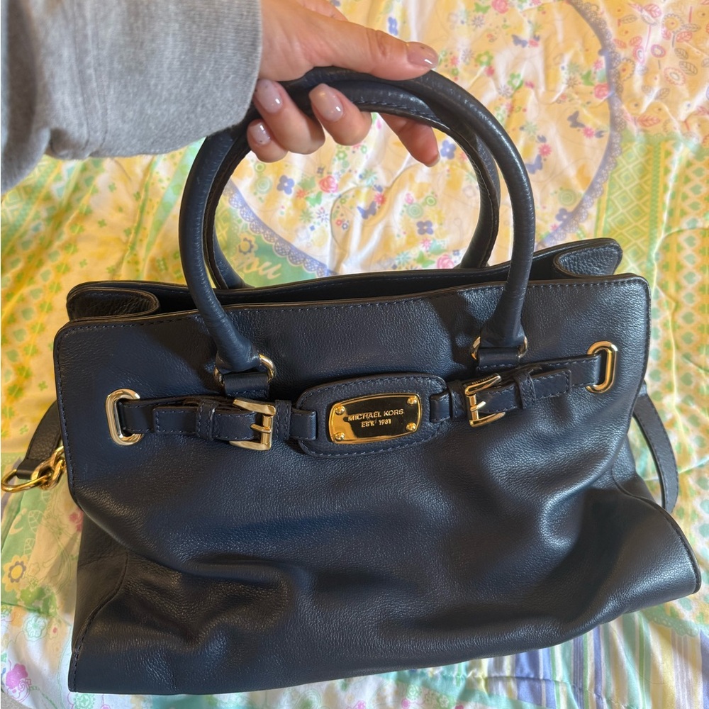 Michael Kors Navy Leather Satchel with Gold Accents